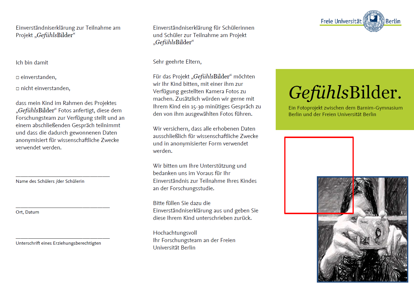 Vorderseite eines Flyers mit einer informierten Einwilligung (Forschungsprojekt der Freien Universität Berlin). All rights reserved