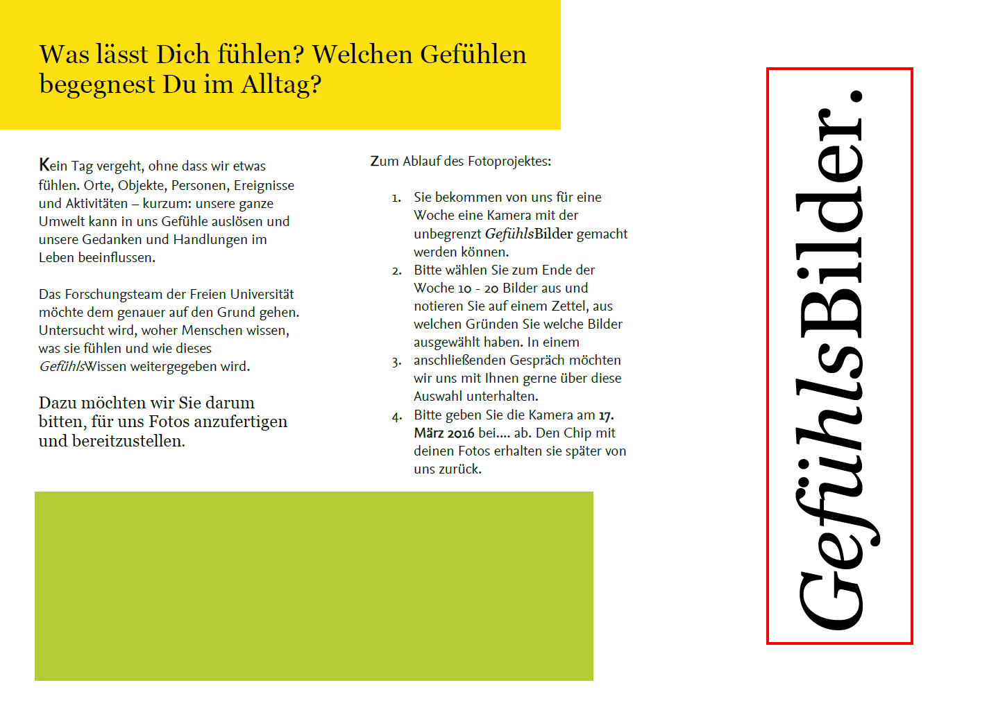 Rückseite eines Flyers mit einer informierten Einwilligung (Forschungsprojekt der Freien Universität Berlin). All rights reserved