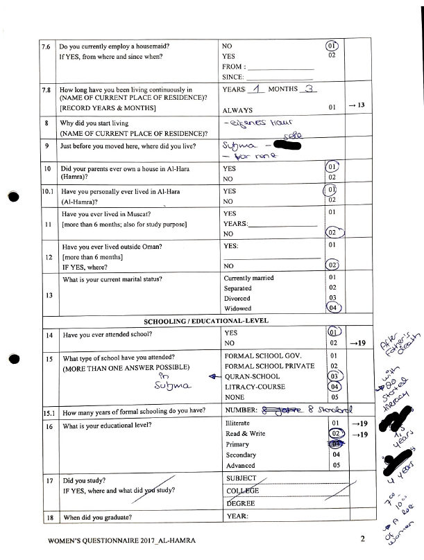 Auszug (Seite 2) eines Fragebogens zur Erhebung von Geburtengeschichten von Frauen, englische Version, ausgefüllt von der Forscherin, Maren Jordan, 2016/17, lizenziert unter CC BY-NC-ND 4.0