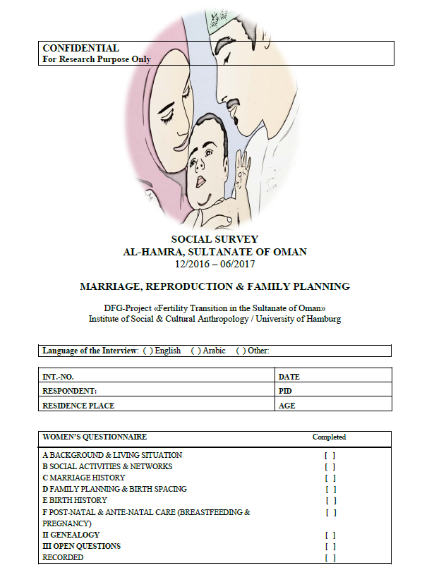 Auszug (Deckblatt) aus einem 14-seitigen unausgefüllten Fragebogen zur Erhebung von Geburtengeschichten von Frauen im Rahmen der Promotionsforschung zum Thema Heirat, Reproduktion und Familienplanung im Norden Omans, Maren Jordan, 2016/17, lizenziert unter CC BY-NC-ND 4.0